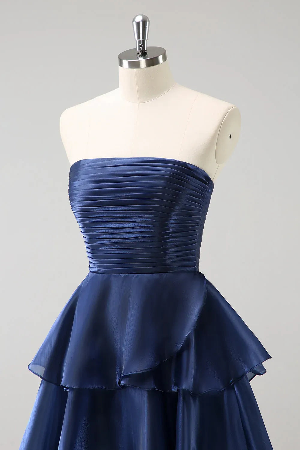 Elegant A-Line Strapless Ruched Tiered Ruffle Dark Navy Floor Length Prom Dress