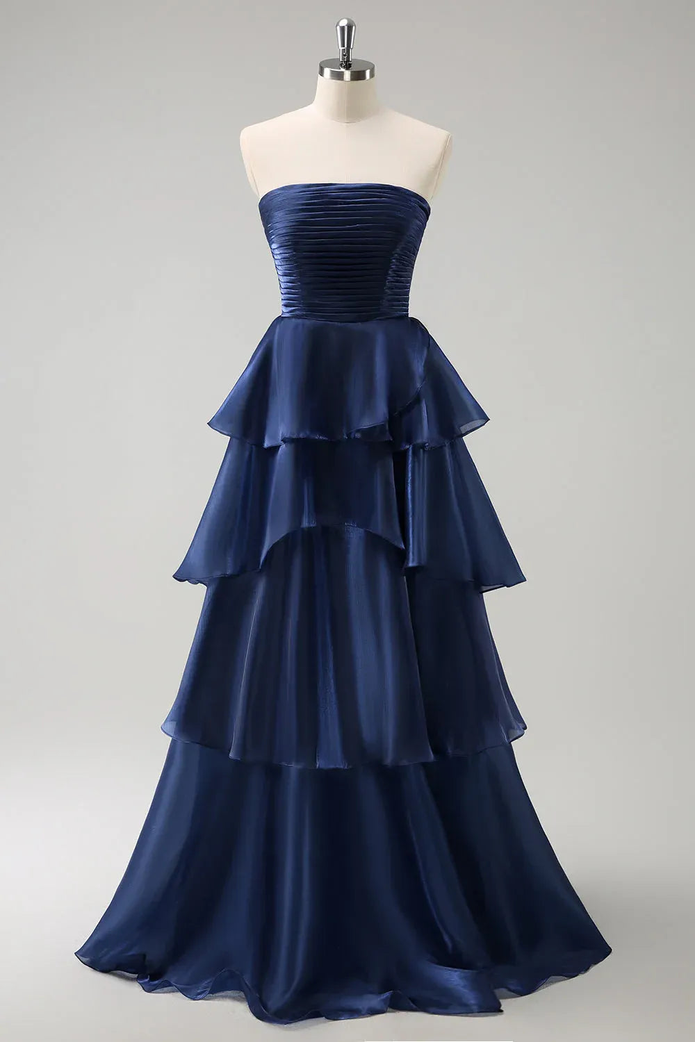 Elegant A-Line Strapless Ruched Tiered Ruffle Dark Navy Floor Length Prom Dress