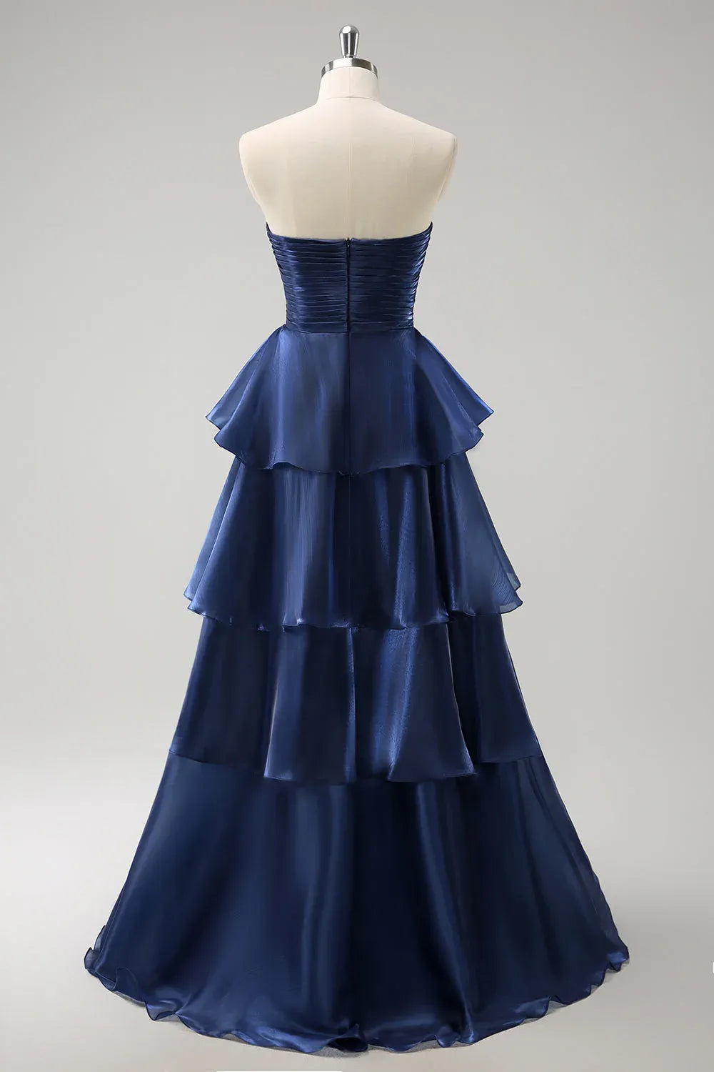 Elegant A-Line Strapless Ruched Tiered Ruffle Dark Navy Floor Length Prom Dress