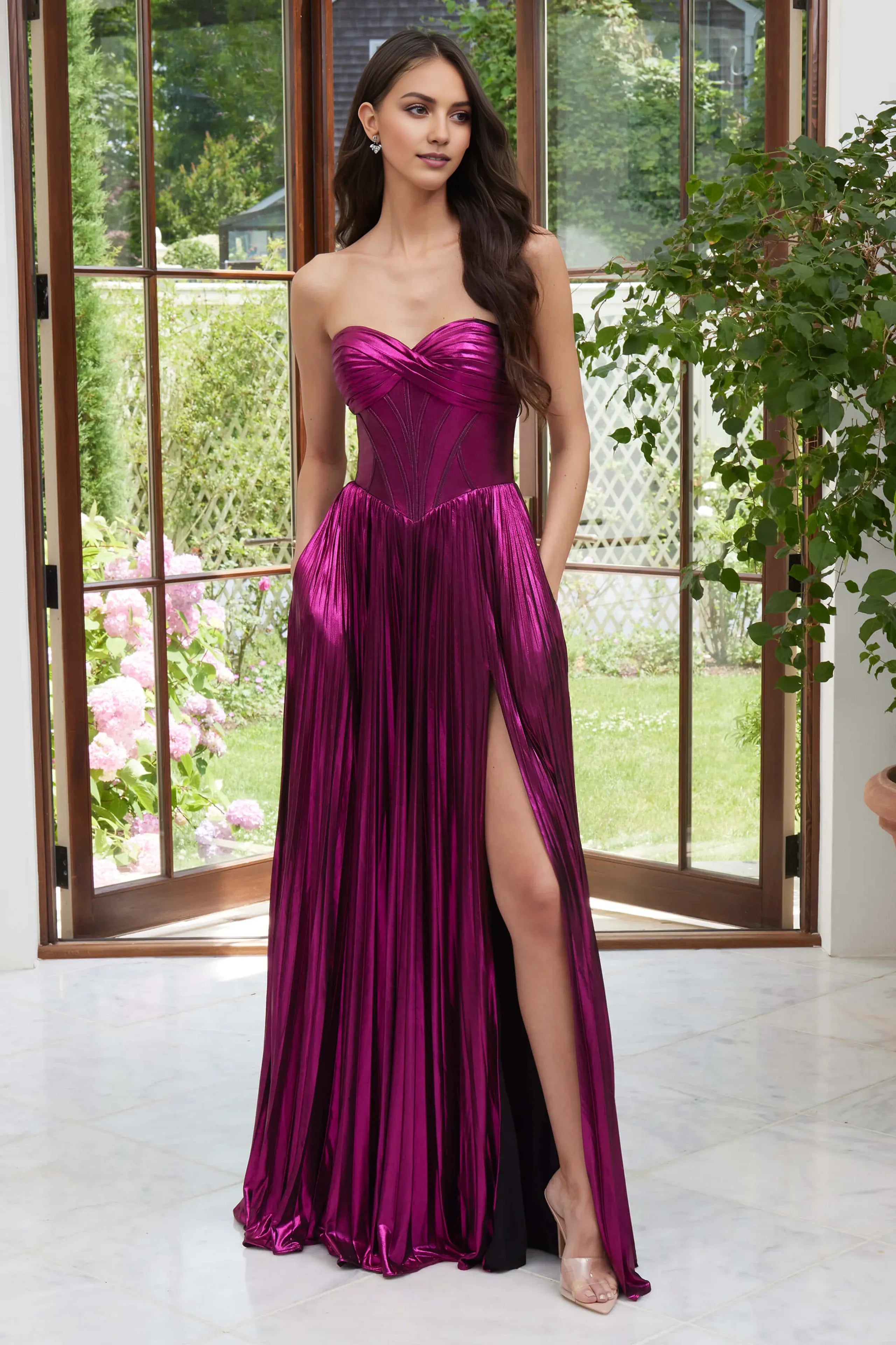 Elegant A-Line Strapless Sleeveless Lace Up Back Floor-Length Pleated Prom Dresses with Slit