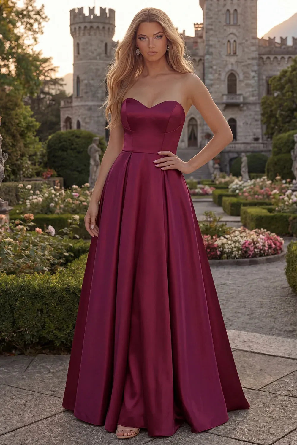 Elegant A-Line Strapless Sweetheart Satin Burgundy Maxi Prom Dress Hot Sale