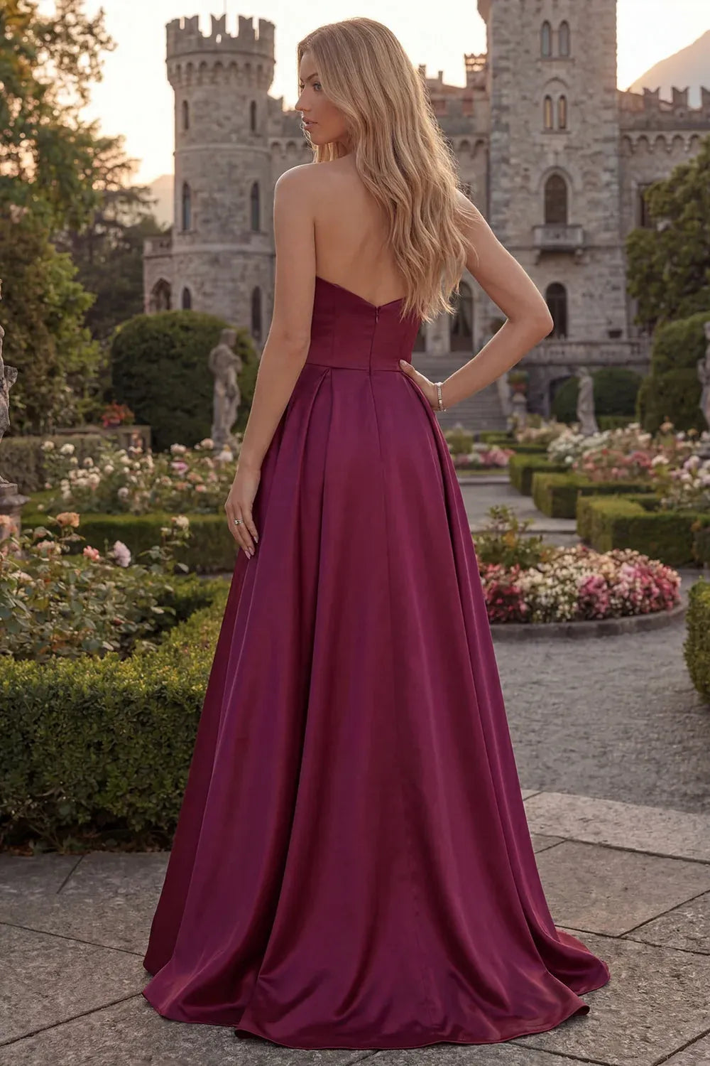 Elegant A-Line Strapless Sweetheart Satin Burgundy Maxi Prom Dress Hot Sale