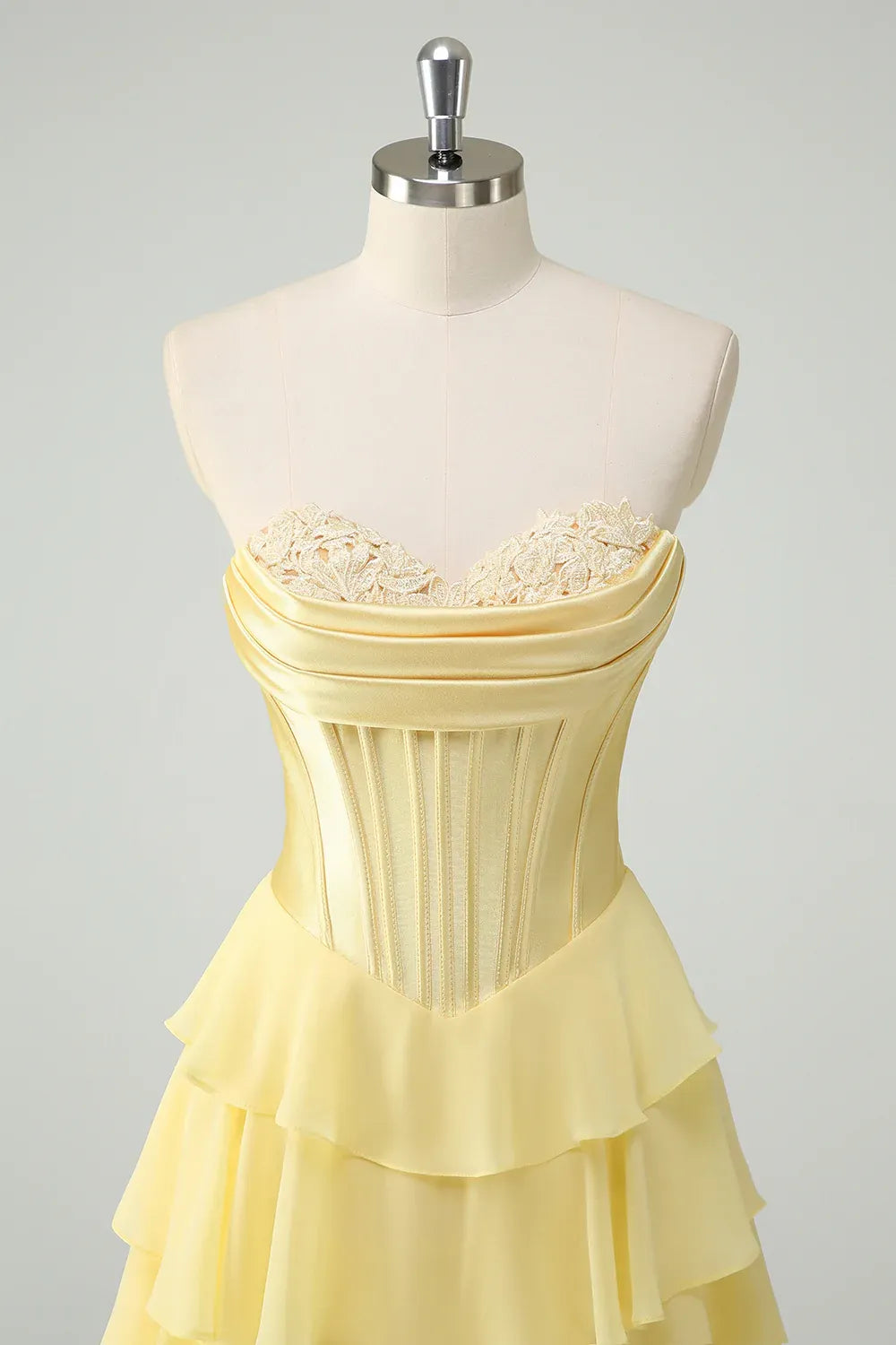 Elegant A-Line Sweethear Corset Tiered Ruffle Yellow Prom Dress With Slit