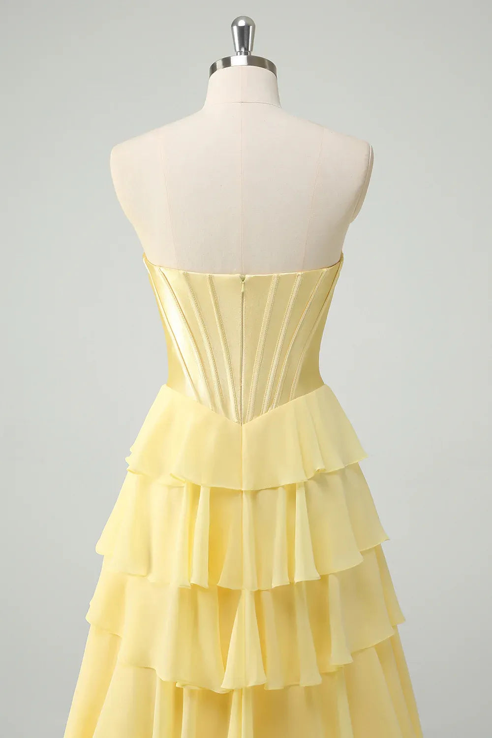 Elegant A-Line Sweethear Corset Tiered Ruffle Yellow Prom Dress With Slit