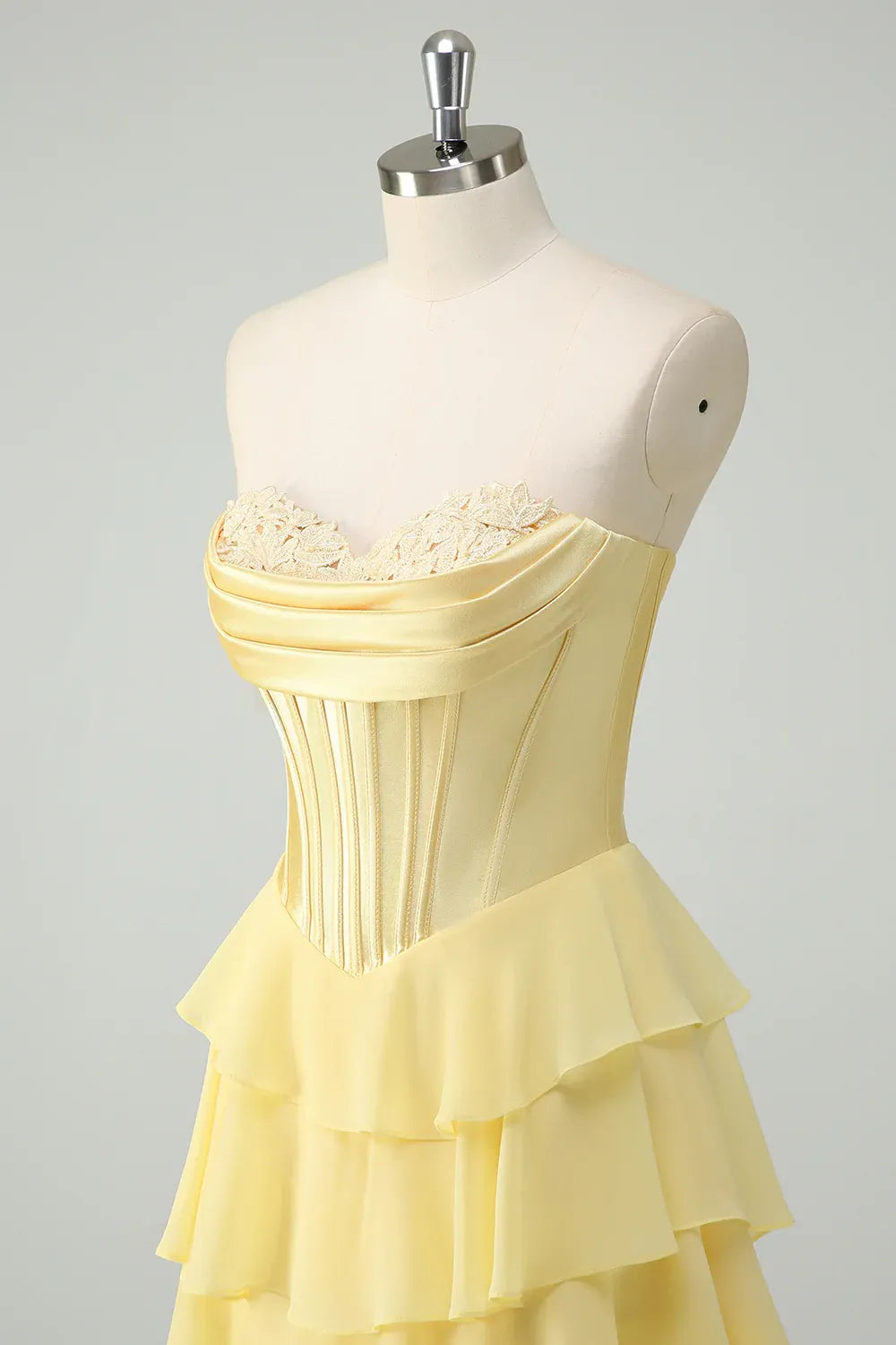 Elegant A-Line Sweethear Corset Tiered Ruffle Yellow Prom Dress With Slit