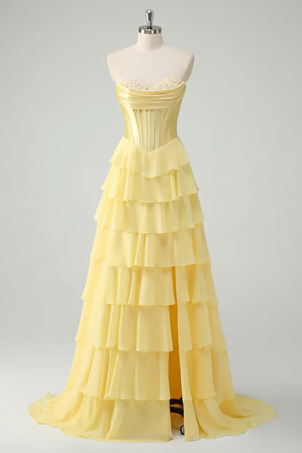 Elegant A-Line Sweethear Corset Tiered Ruffle Yellow Prom Dress With Slit