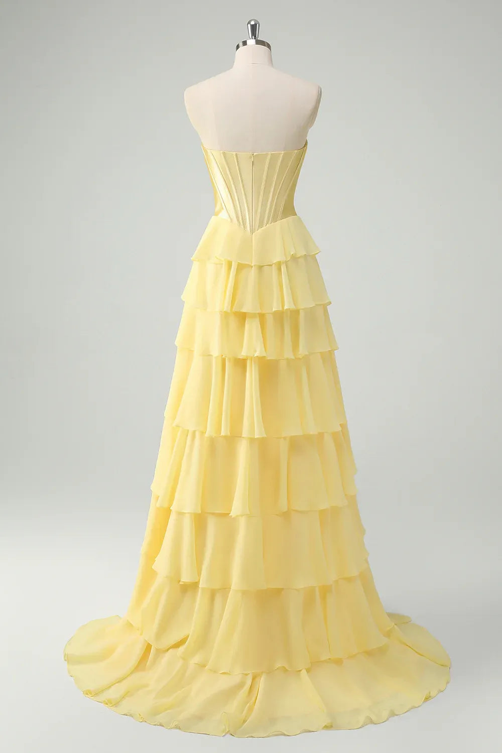 Elegant A-Line Sweethear Corset Tiered Ruffle Yellow Prom Dress With Slit