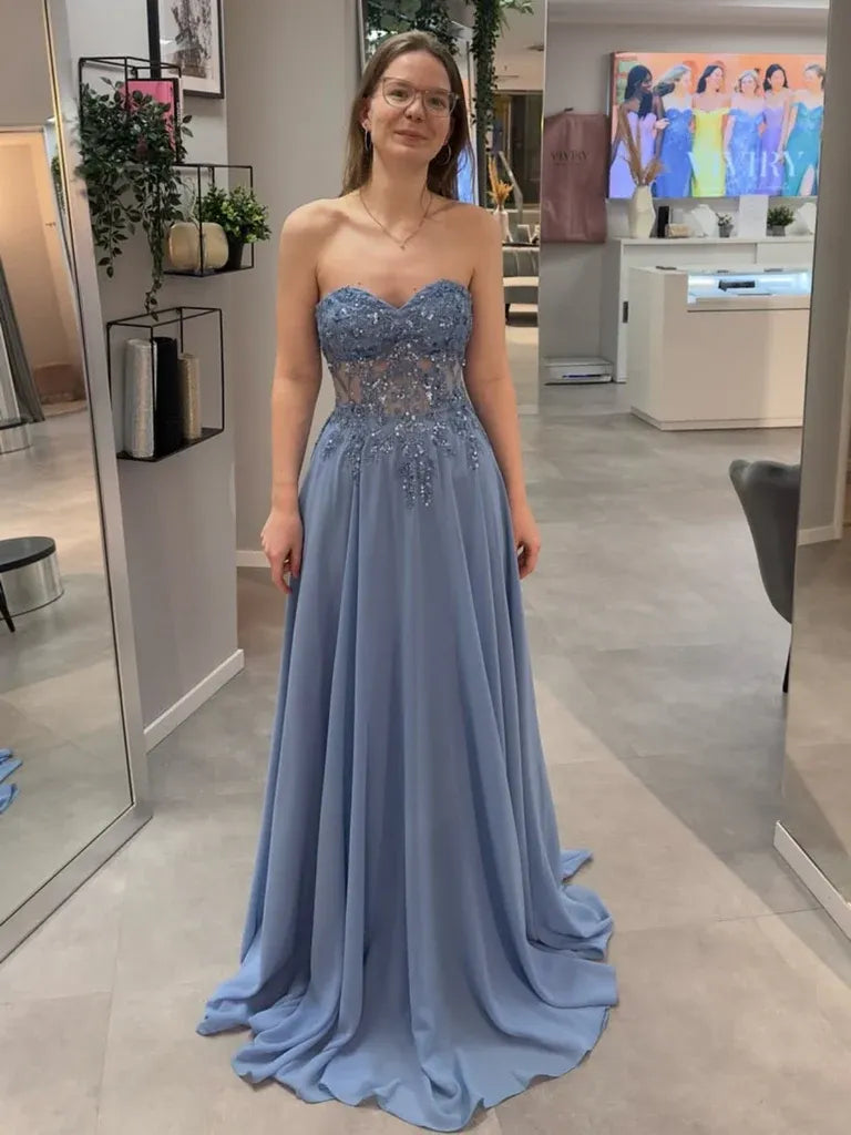 Elegant A-Line Sweetheart Beaded Applique Dusty Blue Long Prom Dress