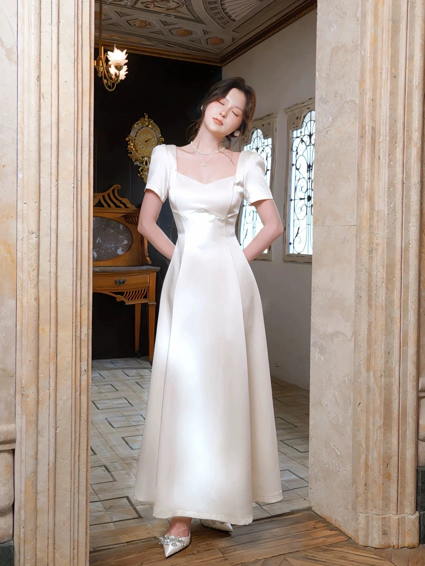 Elegant A-Line Sweetheart Neck Short Sleeve Satin Ivory Maxi Prom Dress