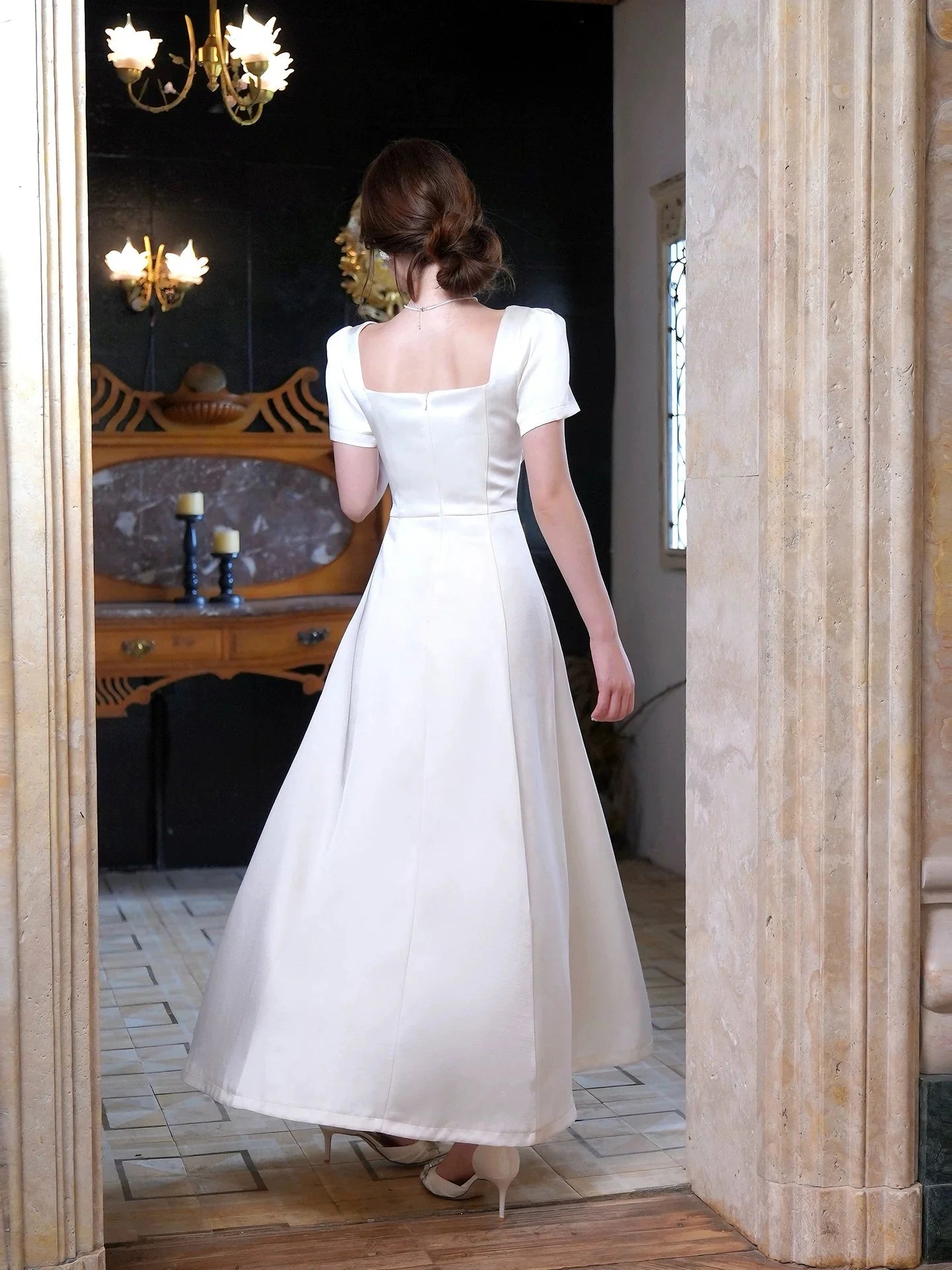 Elegant A-Line Sweetheart Neck Short Sleeve Satin Ivory Maxi Prom Dress