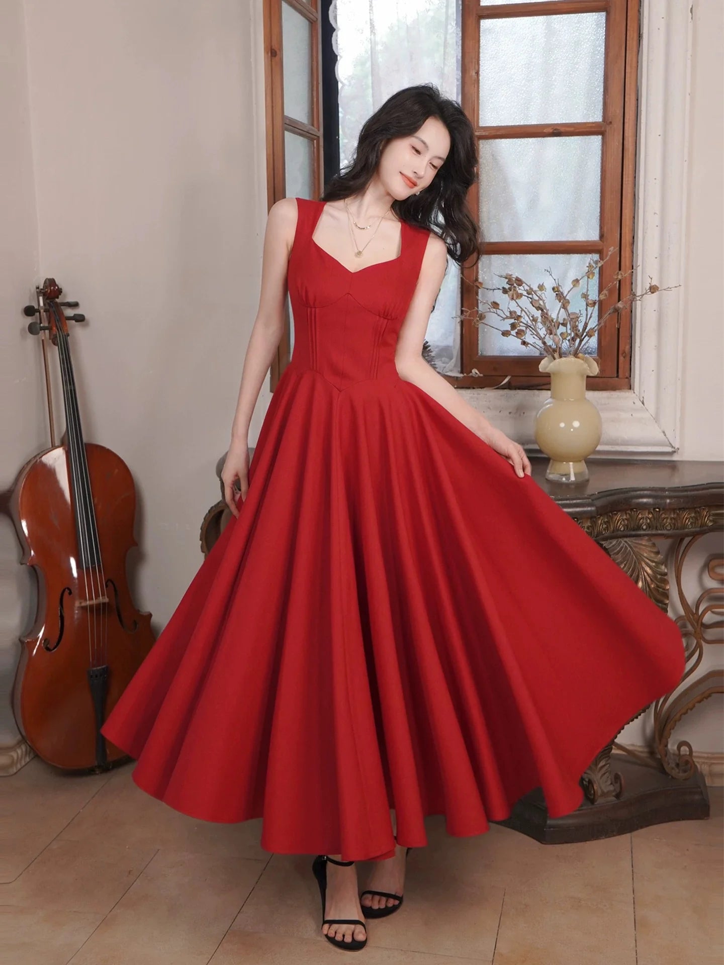 Elegant A-Line Sweetheart Neck Sleeveless Red Midi Prom Dress