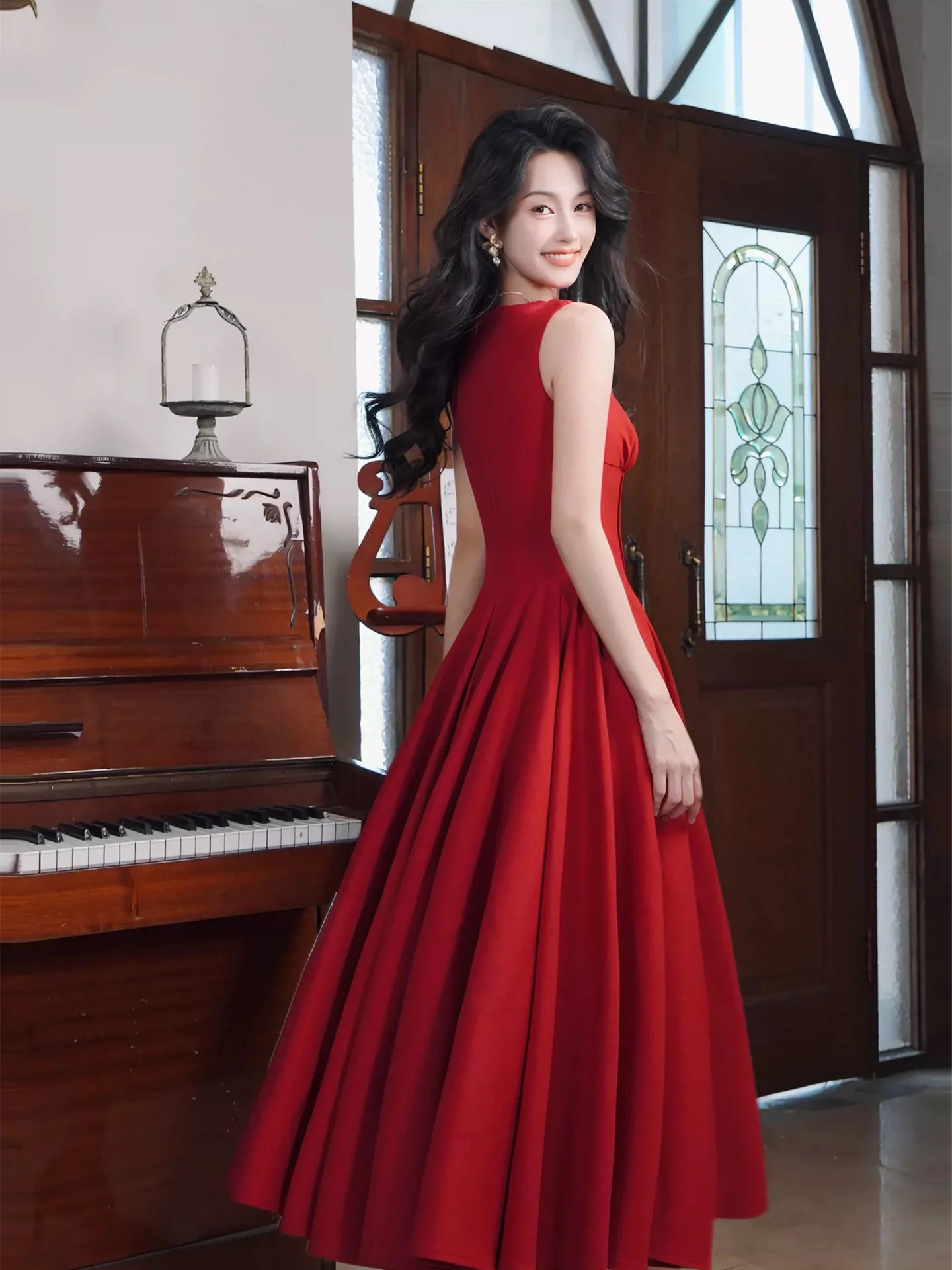Elegant A-Line Sweetheart Neck Sleeveless Red Midi Prom Dress