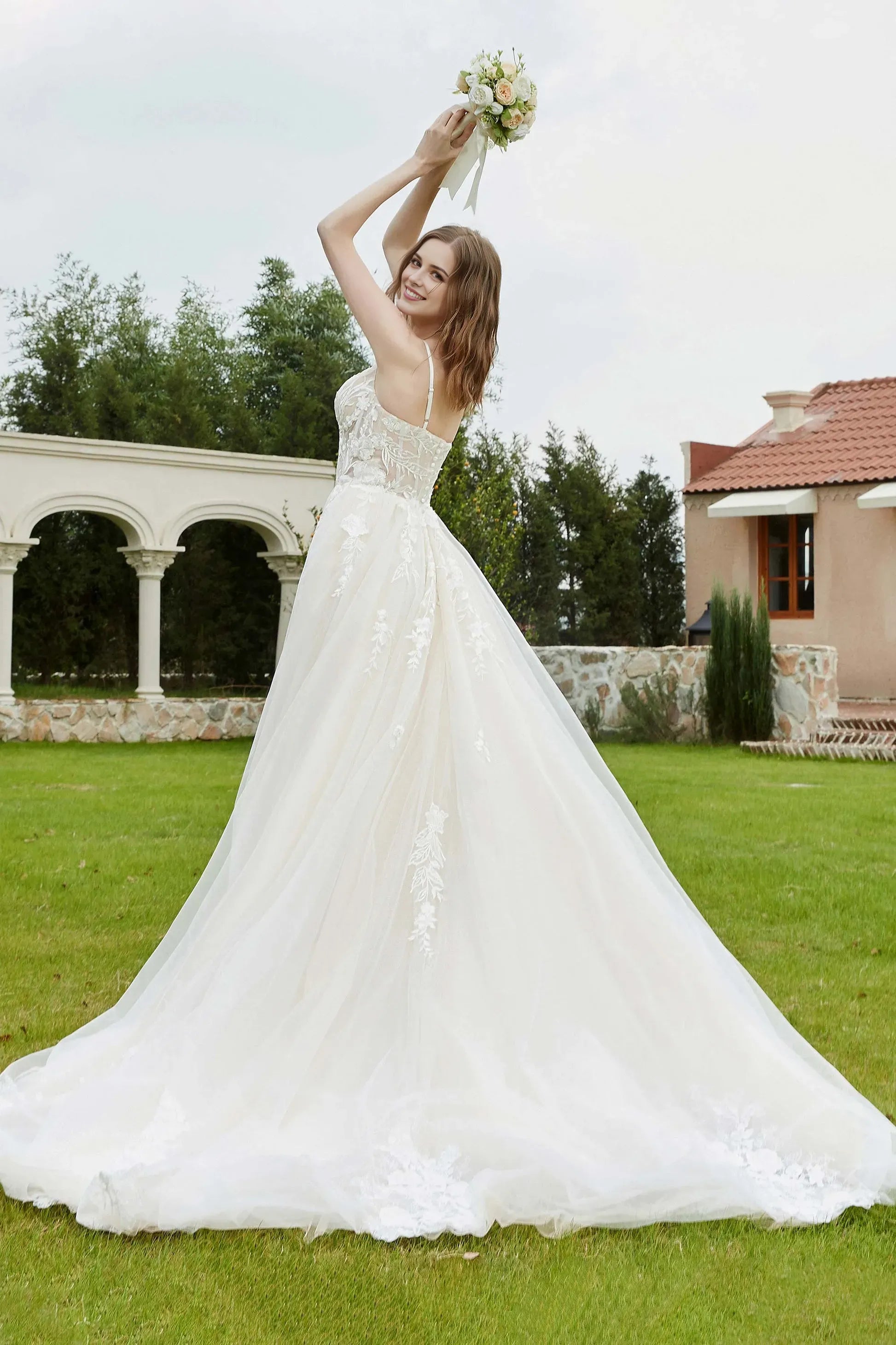 Elegant A-Line Sweetheart Neck Spaghetti-Strap Sheer Back Train Wedding Dresses with Applique  Tulle