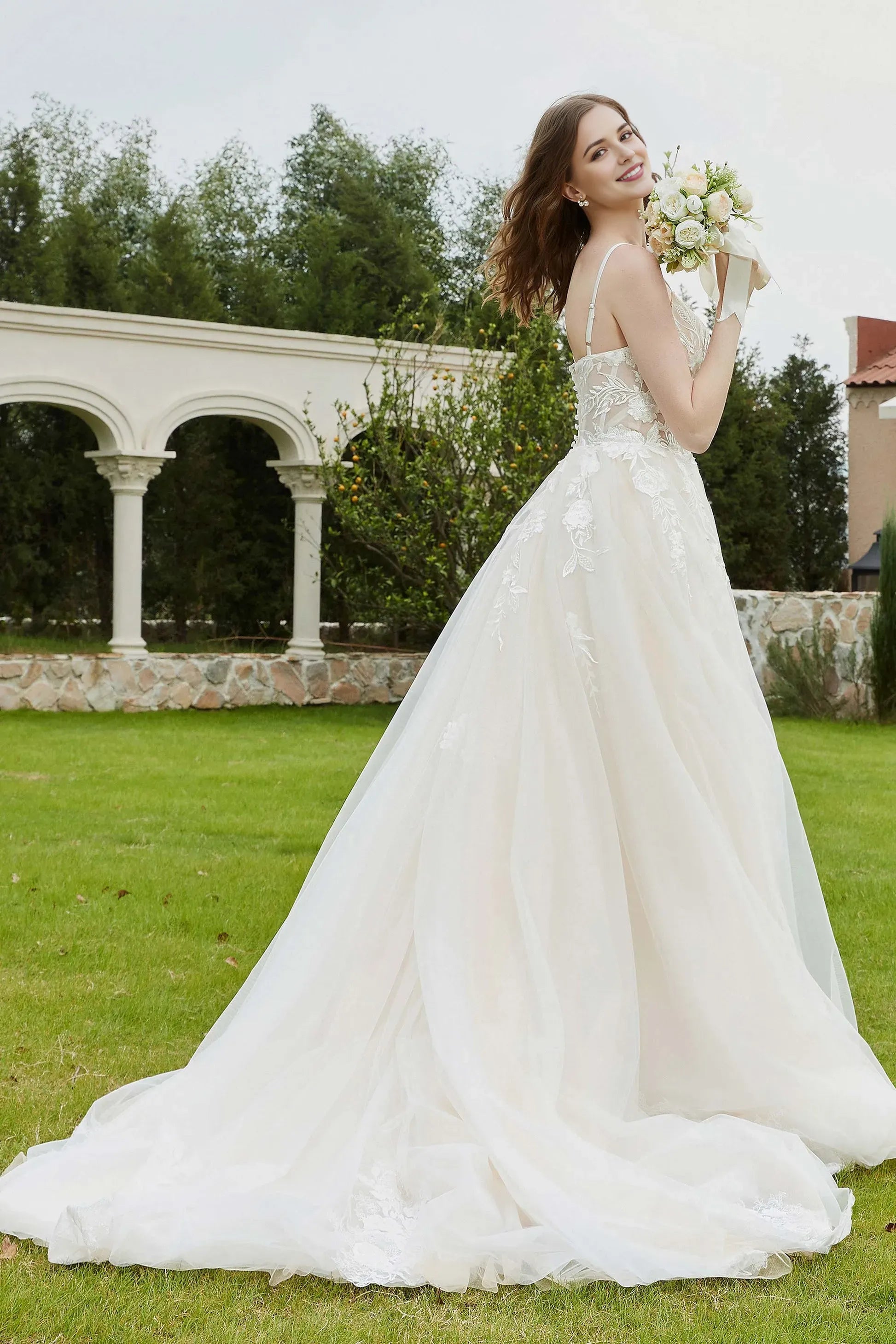 Elegant A-Line Sweetheart Neck Spaghetti-Strap Sheer Back Train Wedding Dresses with Applique  Tulle