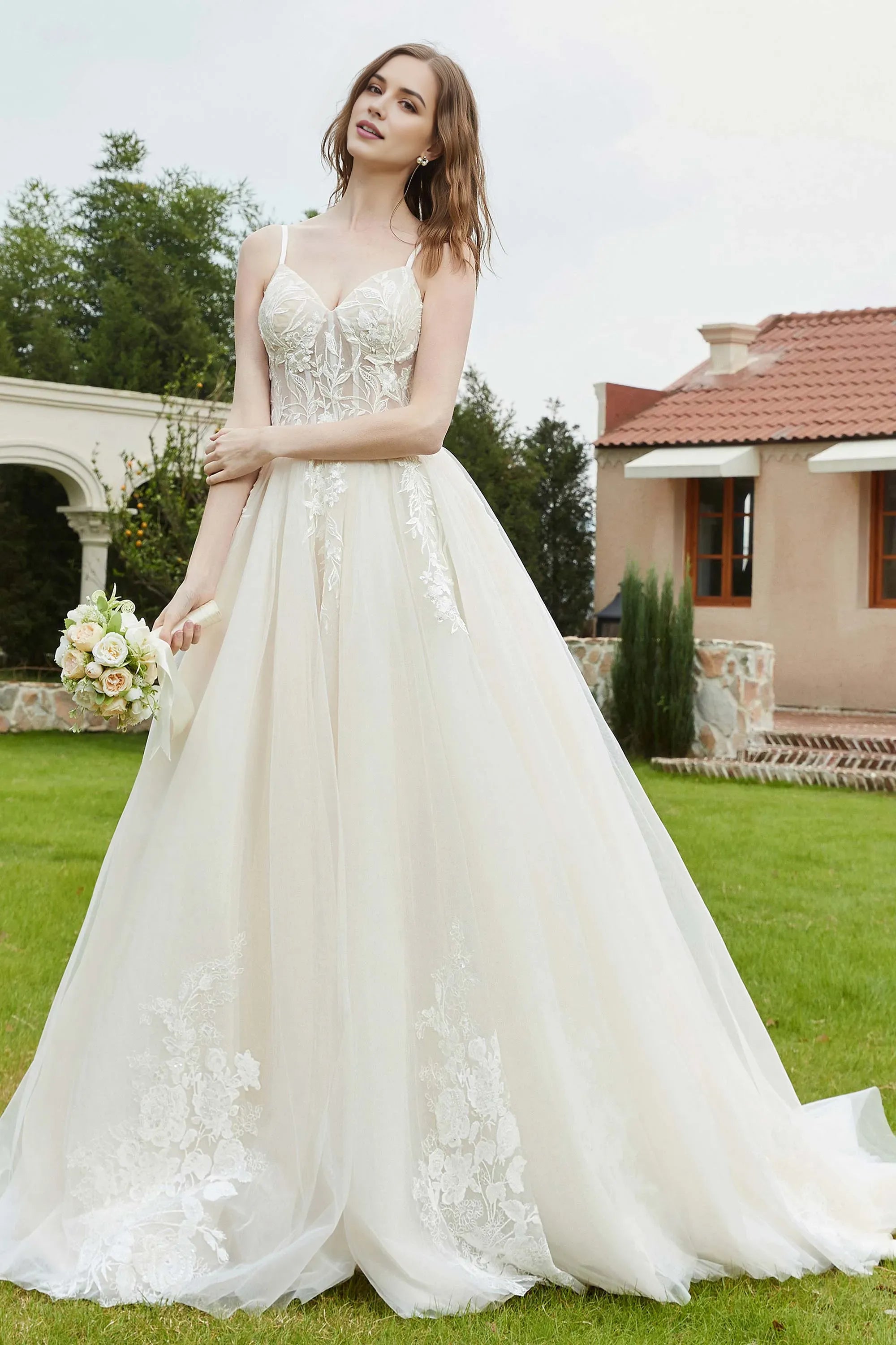 Elegant A-Line Sweetheart Neck Spaghetti-Strap Sheer Back Train Wedding Dresses with Applique  Tulle