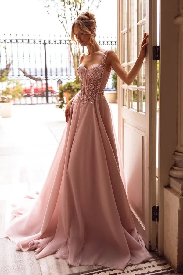 Elegant A-Line Sweetheart Sleeveless Beaded Blush Train Party Dress