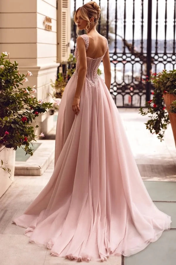 Elegant A-Line Sweetheart Sleeveless Beaded Blush Train Party Dress