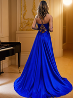 Elegant A-Line V-Neck Applique Sleeveless Lace-Up Sweep Brush Train Prom Dresses for Women Hot Sale