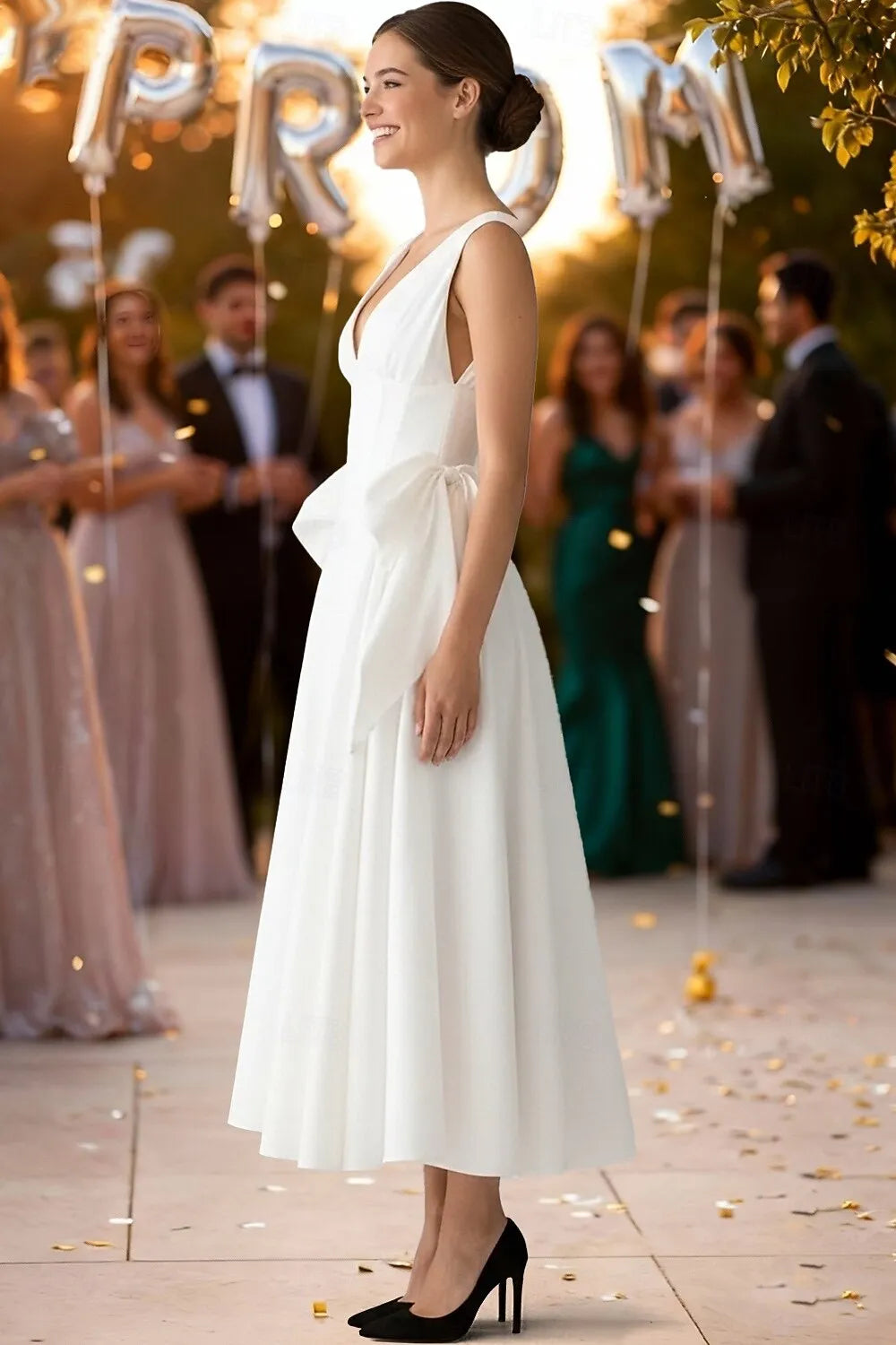 Elegant A-Line V-Neck Bow Satin White Tea Length Prom Dress