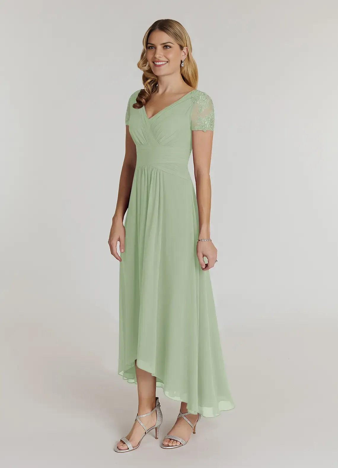 Elegant A-Line V-Neck Cap-Sleeve Lace-Back Back Zip High-Low Mother of the Bride Dress for women hot sale