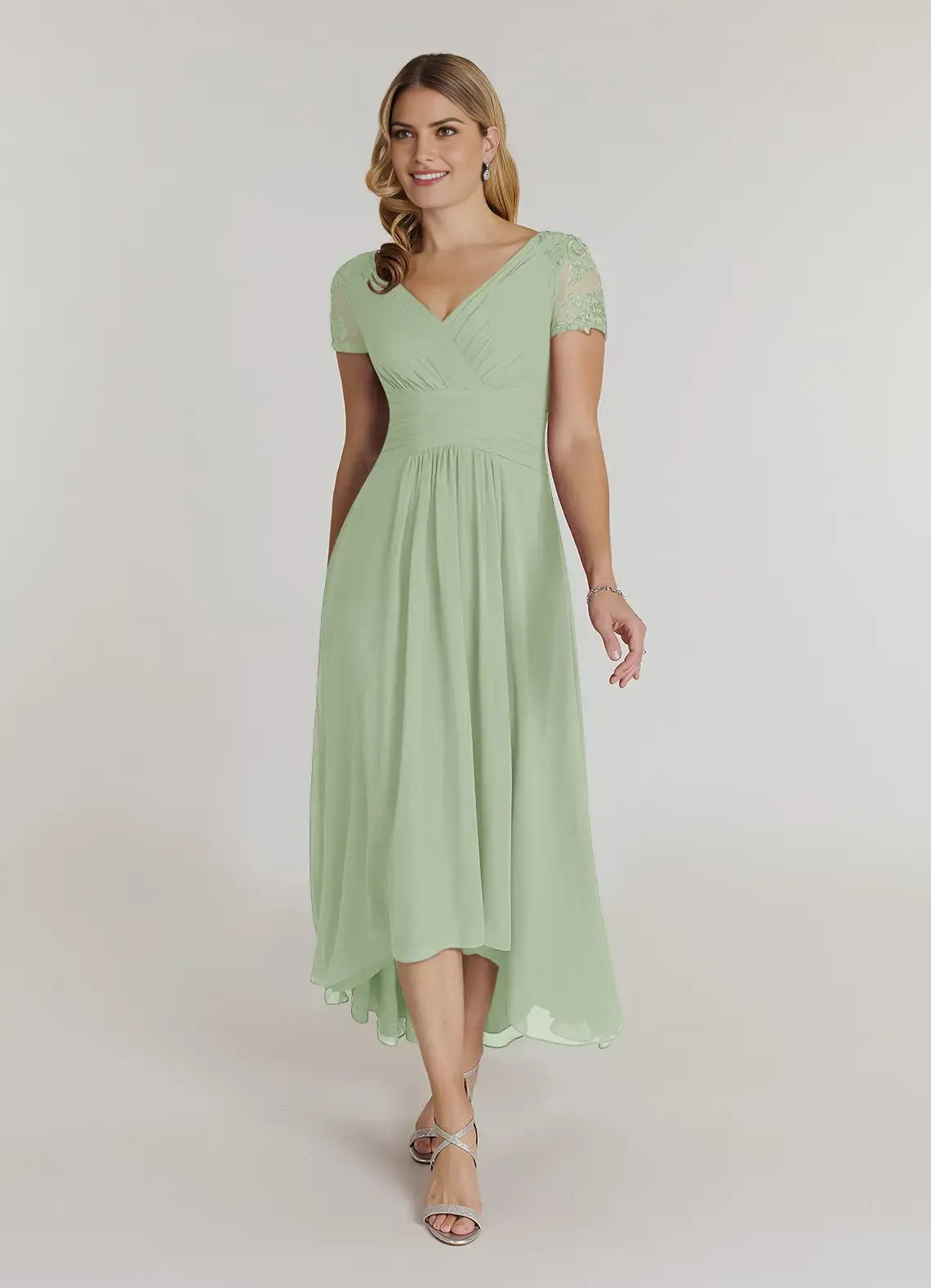 Elegant A-Line V-Neck Cap-Sleeve Lace-Back Back Zip High-Low Mother of the Bride Dress for women hot sale