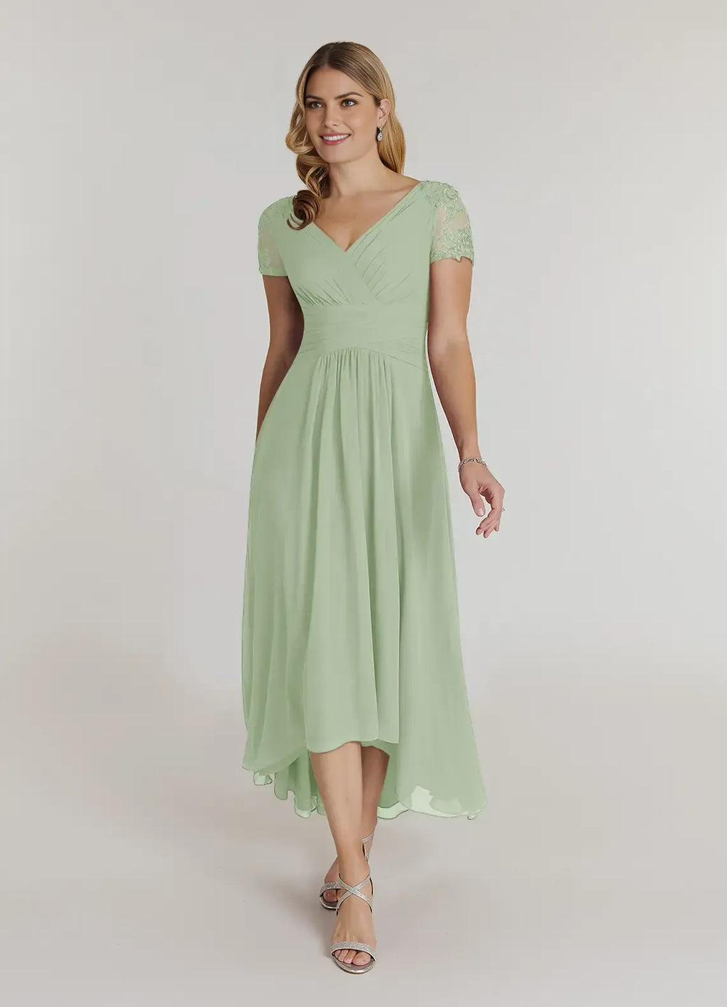 Elegant A-Line V-Neck Cap-Sleeve Lace-Back Back Zip High-Low Mother of the Bride Dress for women hot sale