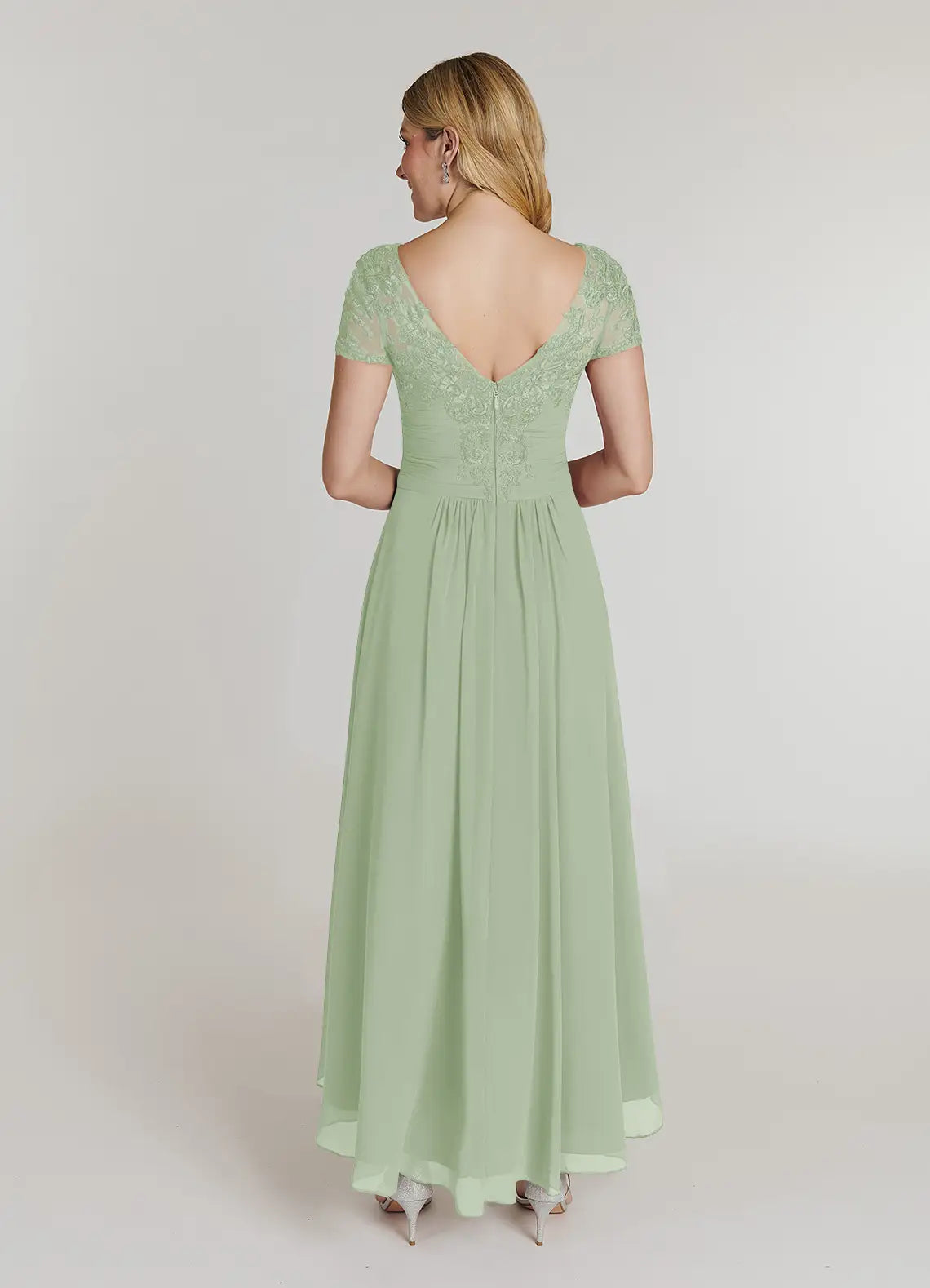 Elegant A-Line V-Neck Cap-Sleeve Lace-Back Back Zip High-Low Mother of the Bride Dress for women hot sale