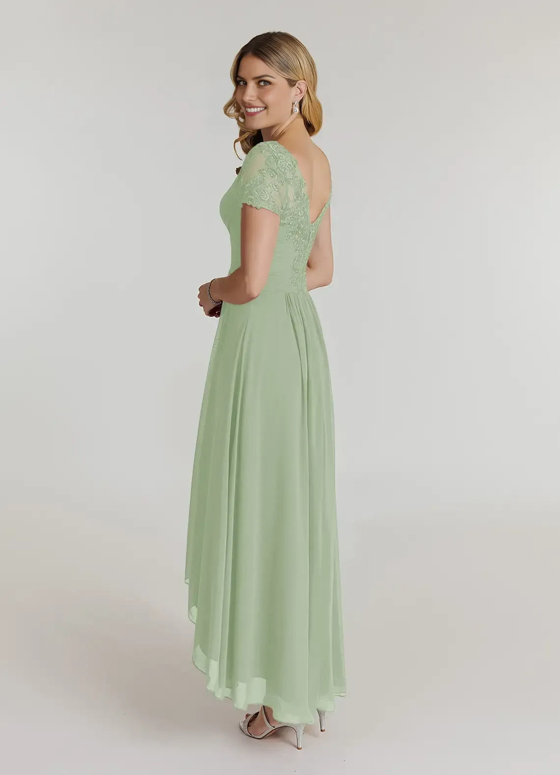 Elegant A-Line V-Neck Cap-Sleeve Lace-Back Back Zip High-Low Mother of the Bride Dress for women hot sale