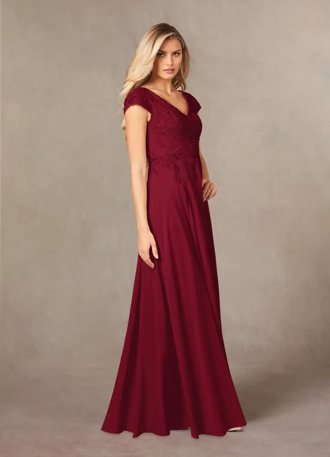 Elegant A-Line V-Neck Cap-Sleeve Lace-Back Floor-Length Mother of the Bride Dress for bride