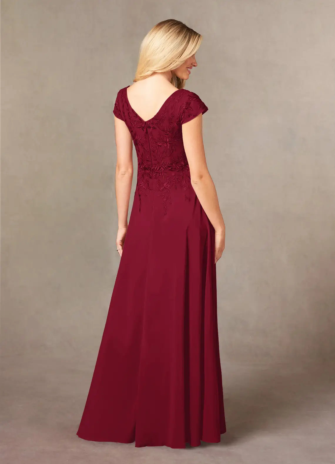 Elegant A-Line V-Neck Cap-Sleeve Lace-Back Floor-Length Mother of the Bride Dress for bride