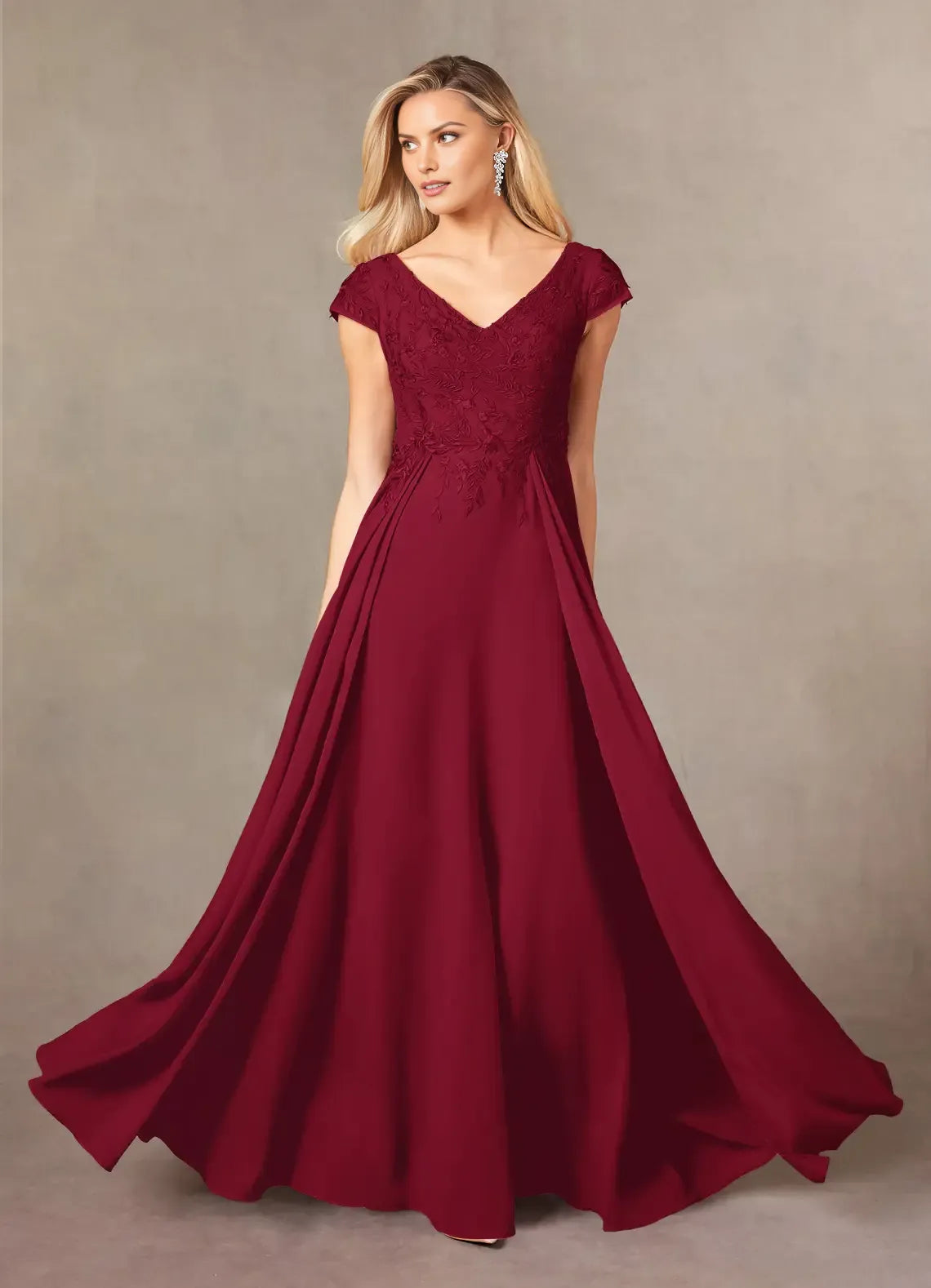 Elegant A-Line V-Neck Cap-Sleeve Lace-Back Floor-Length Mother of the Bride Dress for bride