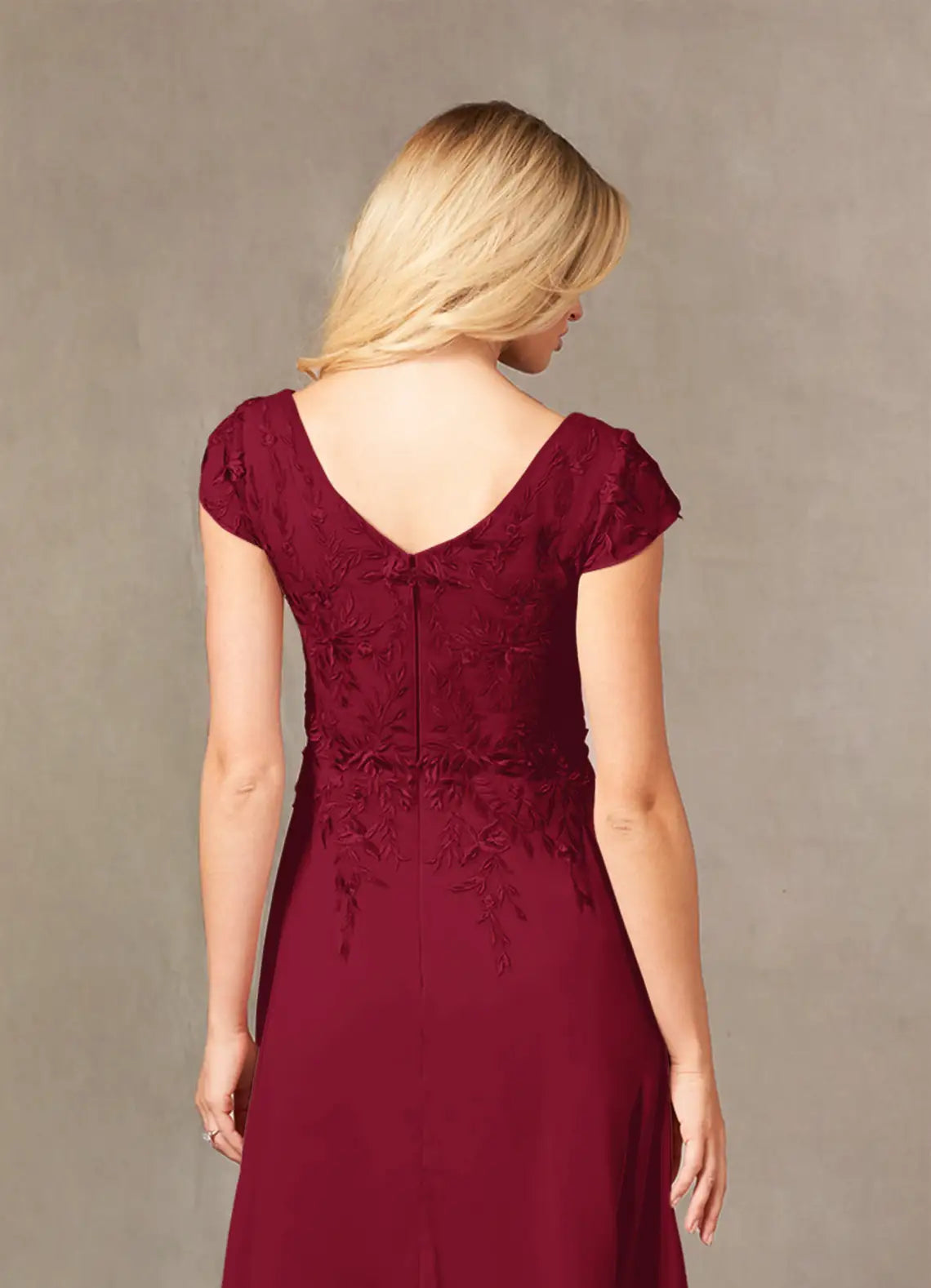 Elegant A-Line V-Neck Cap-Sleeve Lace-Back Floor-Length Mother of the Bride Dress for bride