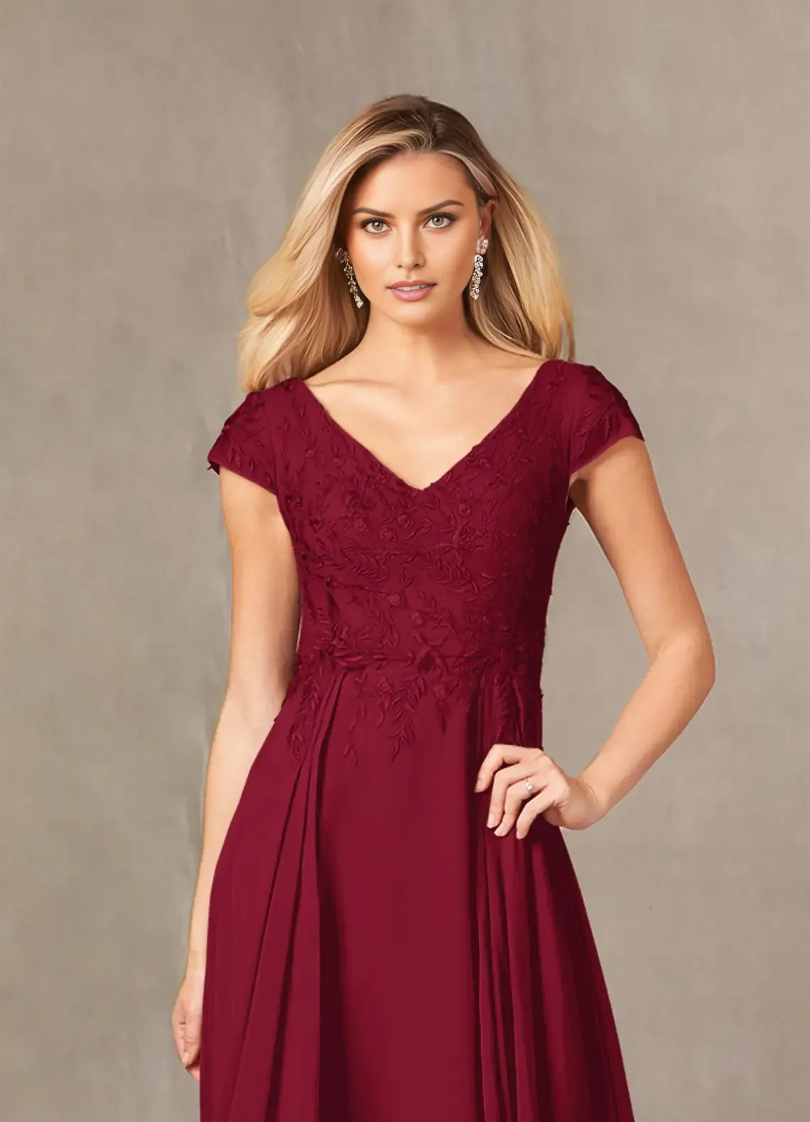 Elegant A-Line V-Neck Cap-Sleeve Lace-Back Floor-Length Mother of the Bride Dress for bride