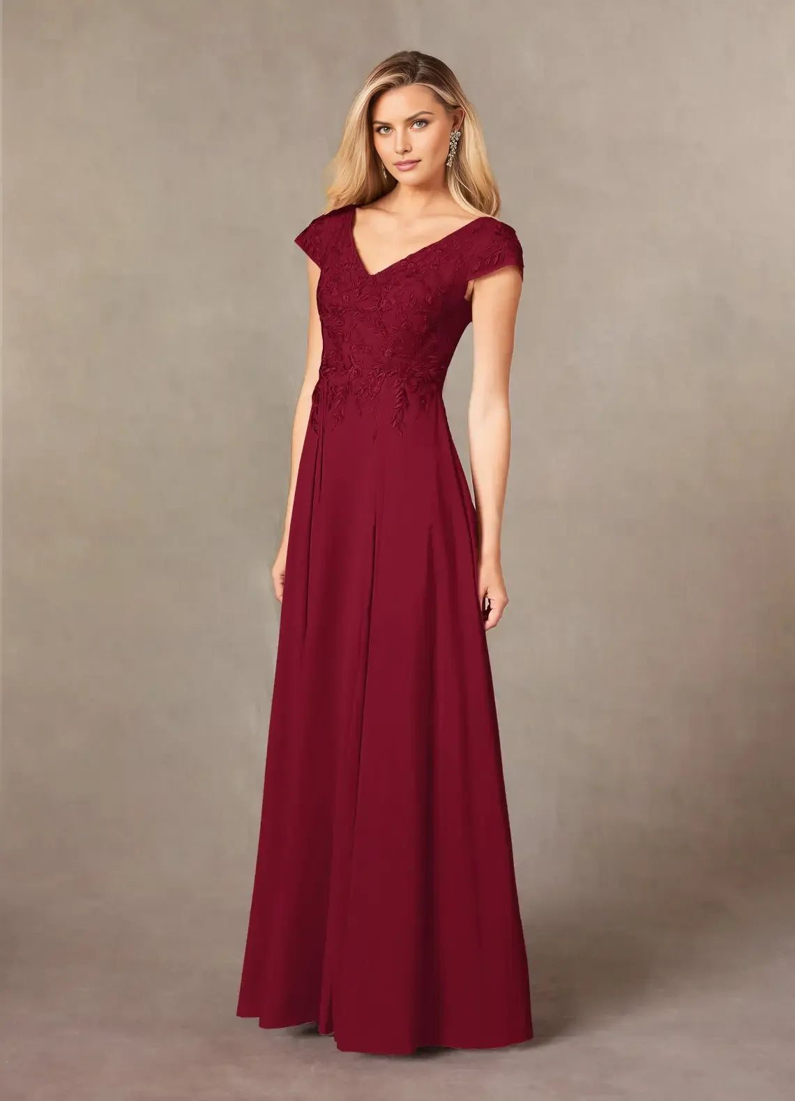 Elegant A-Line V-Neck Cap-Sleeve Lace-Back Floor-Length Mother of the Bride Dress for bride