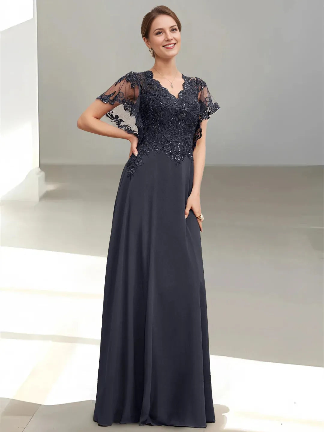 Elegant A-Line V-Neck Flutter-Sleeve Lace Embellished Open-Back Back Zip Floor-Length Mother of the Bride Dresses with Sequins Appliques