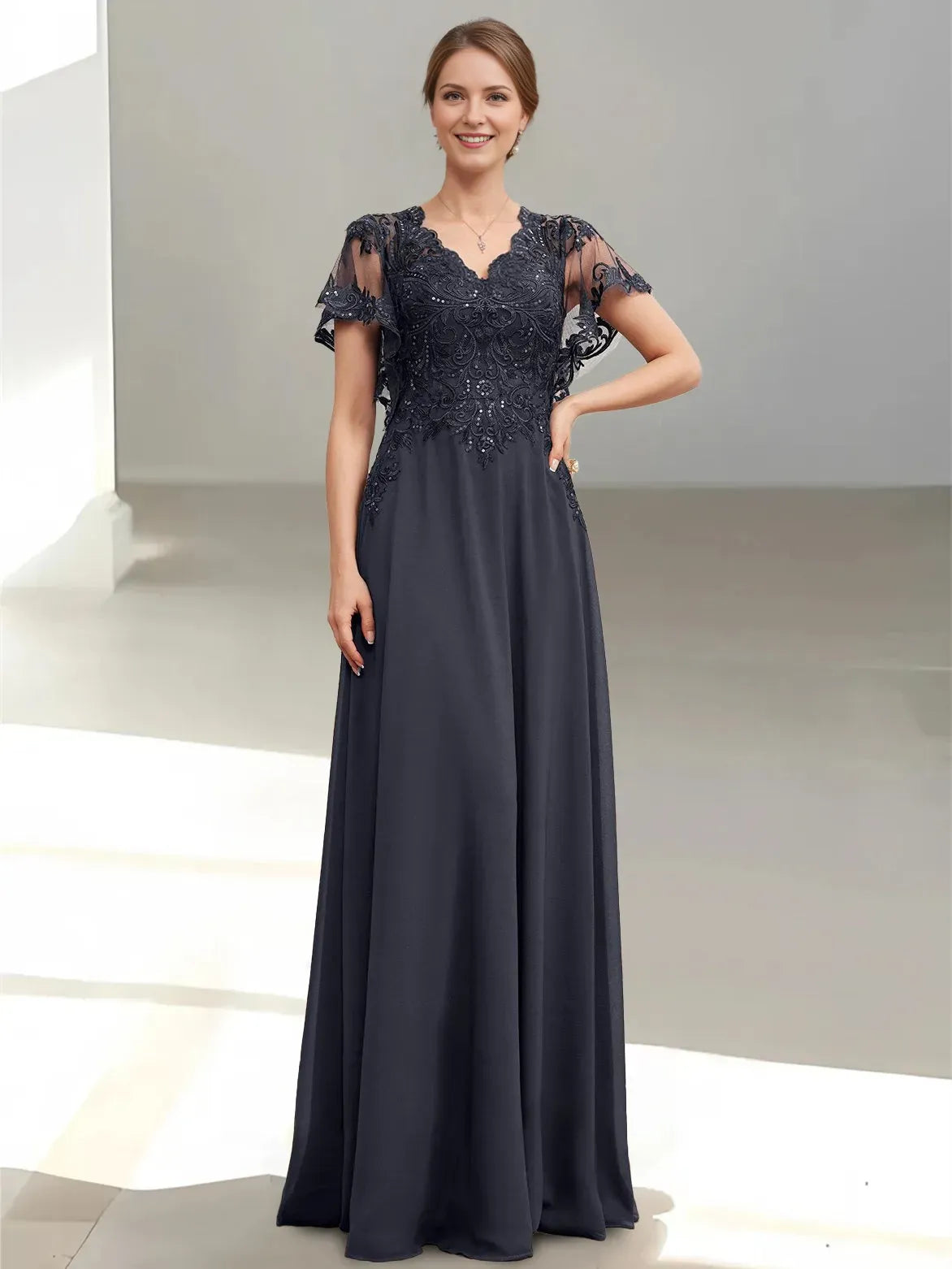 Elegant A-Line V-Neck Flutter-Sleeve Lace Embellished Open-Back Back Zip Floor-Length Mother of the Bride Dresses with Sequins Appliques