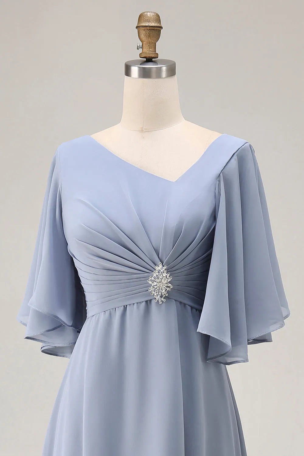 Elegant A-Line V-Neck Flutter Sleeve Lace-Up Back High-Low Mother of the Bride Dresses with Beading