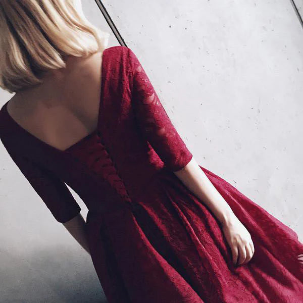 Elegant A-Line V-Neck Lace Burgundy Tea-Length Homecoming Dress