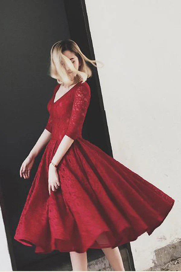 Elegant A-Line V-Neck Lace Burgundy Tea-Length Homecoming Dress