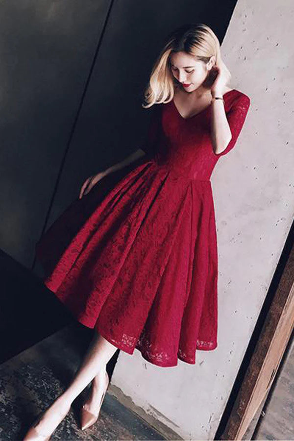Elegant A-Line V-Neck Lace Burgundy Tea-Length Homecoming Dress