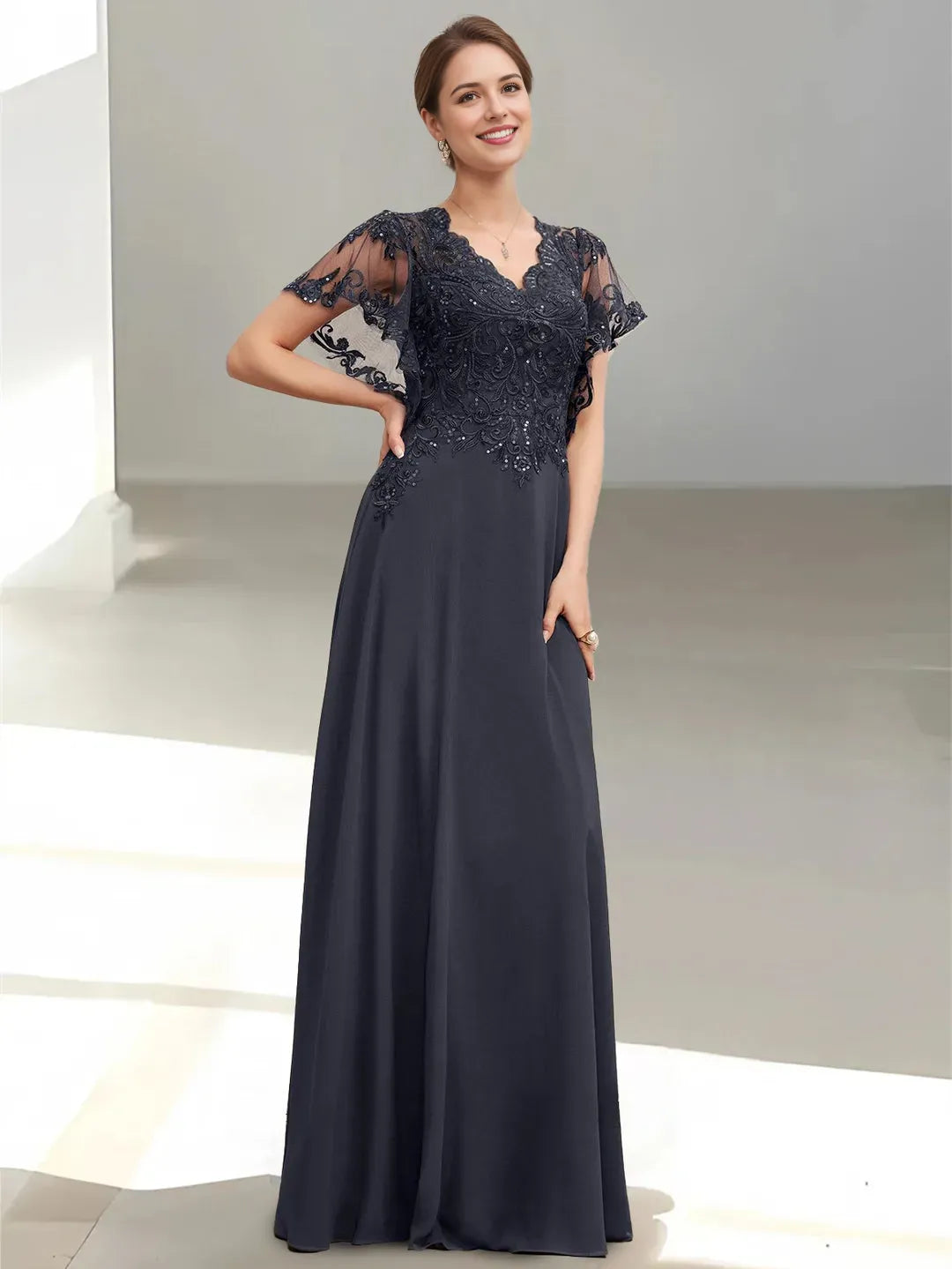Elegant A-Line V-Neck Lace Short Sleeves Zip-Back Floor-Length Mother of the Bride Dresses with Appliques Sequins