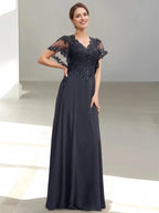 Elegant A-Line V-Neck Lace Short Sleeves Zip-Back Floor-Length Mother of the Bride Dresses with Appliques Sequins