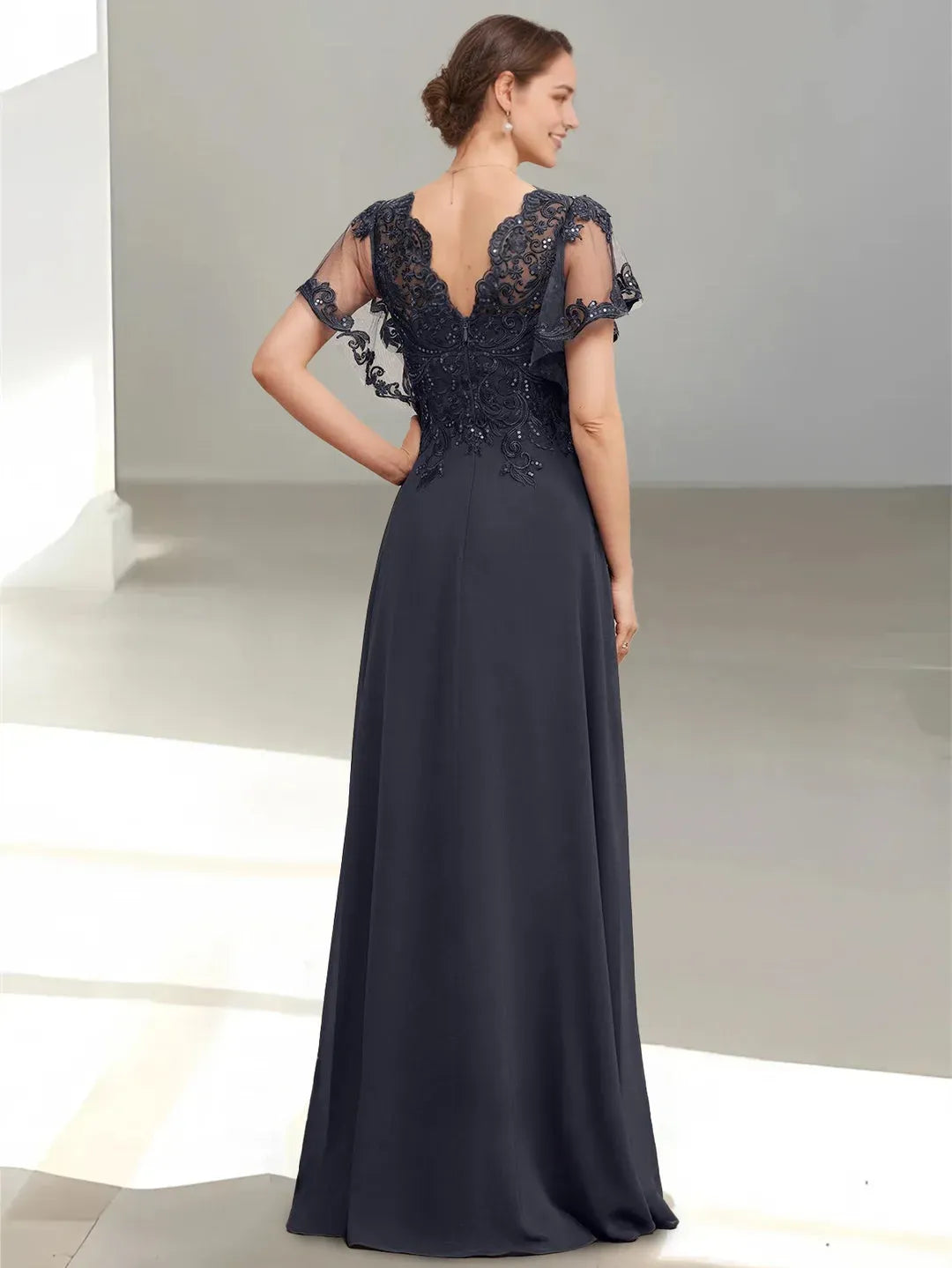 Elegant A-Line V-Neck Lace Short Sleeves Zip-Back Floor-Length Mother of the Bride Dresses with Appliques Sequins