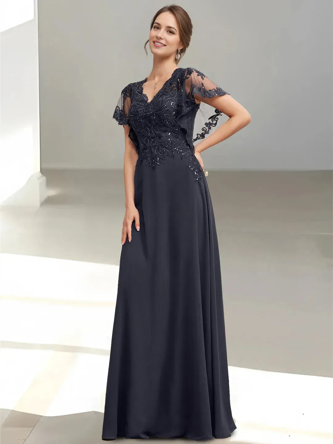 Elegant A-Line V-Neck Lace Short Sleeves Zip-Back Floor-Length Mother of the Bride Dresses with Appliques Sequins