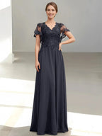 Elegant A-Line V-Neck Lace Short Sleeves Zip-Back Floor-Length Mother of the Bride Dresses with Appliques Sequins