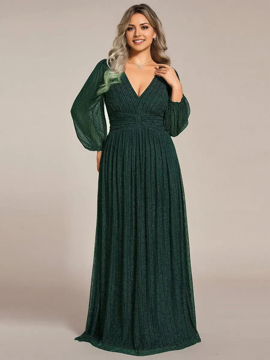 Elegant A-Line V -Neck Long Sleeve Side Zip Glitter Chiffon Floor-Length Plus Size Prom Dresses