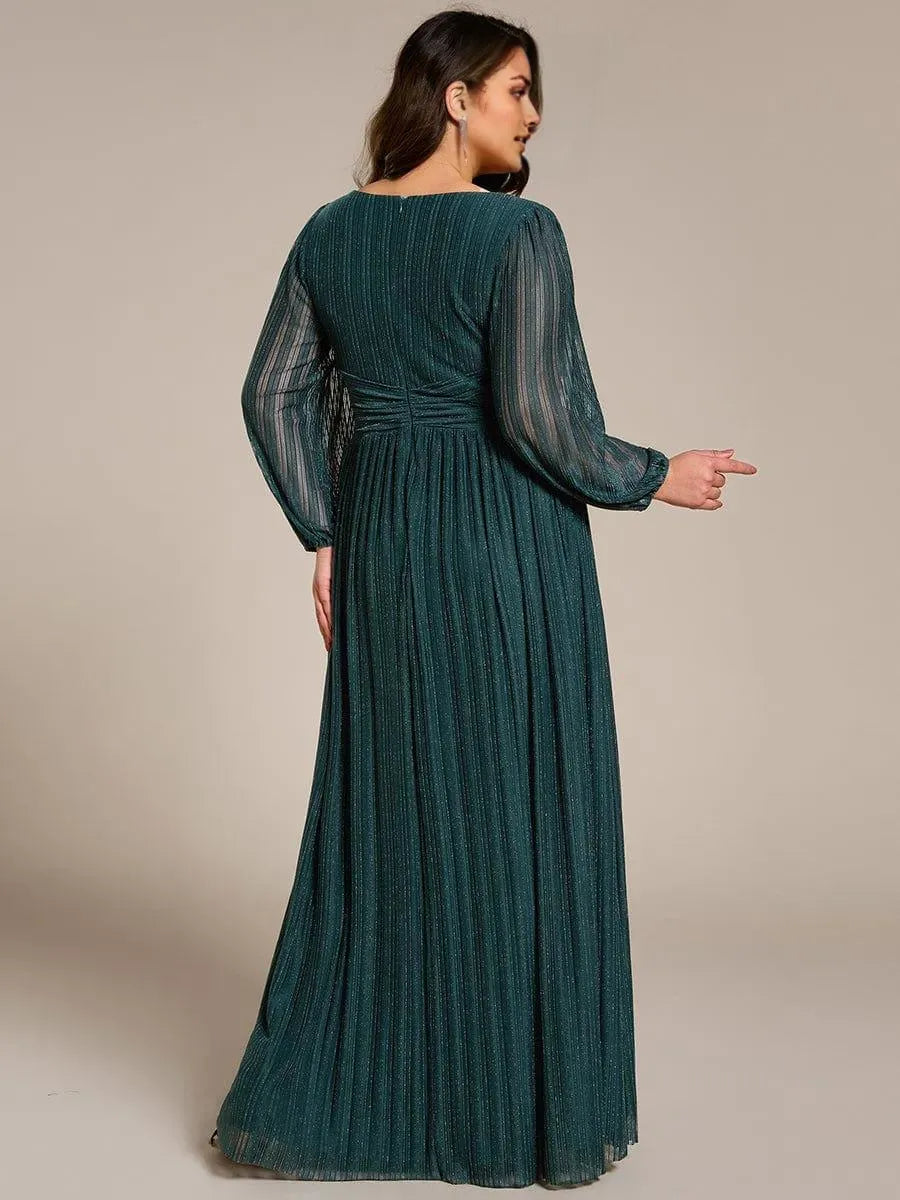 Elegant A-Line V -Neck Long Sleeve Side Zip Glitter Chiffon Floor-Length Plus Size Prom Dresses