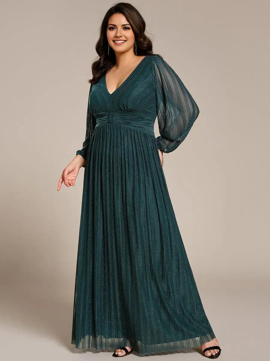 Elegant A-Line V -Neck Long Sleeve Side Zip Glitter Chiffon Floor-Length Plus Size Prom Dresses