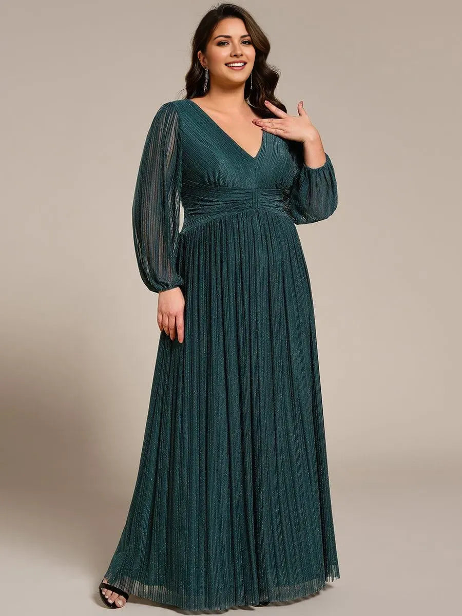 Elegant A-Line V -Neck Long Sleeve Side Zip Glitter Chiffon Floor-Length Plus Size Prom Dresses