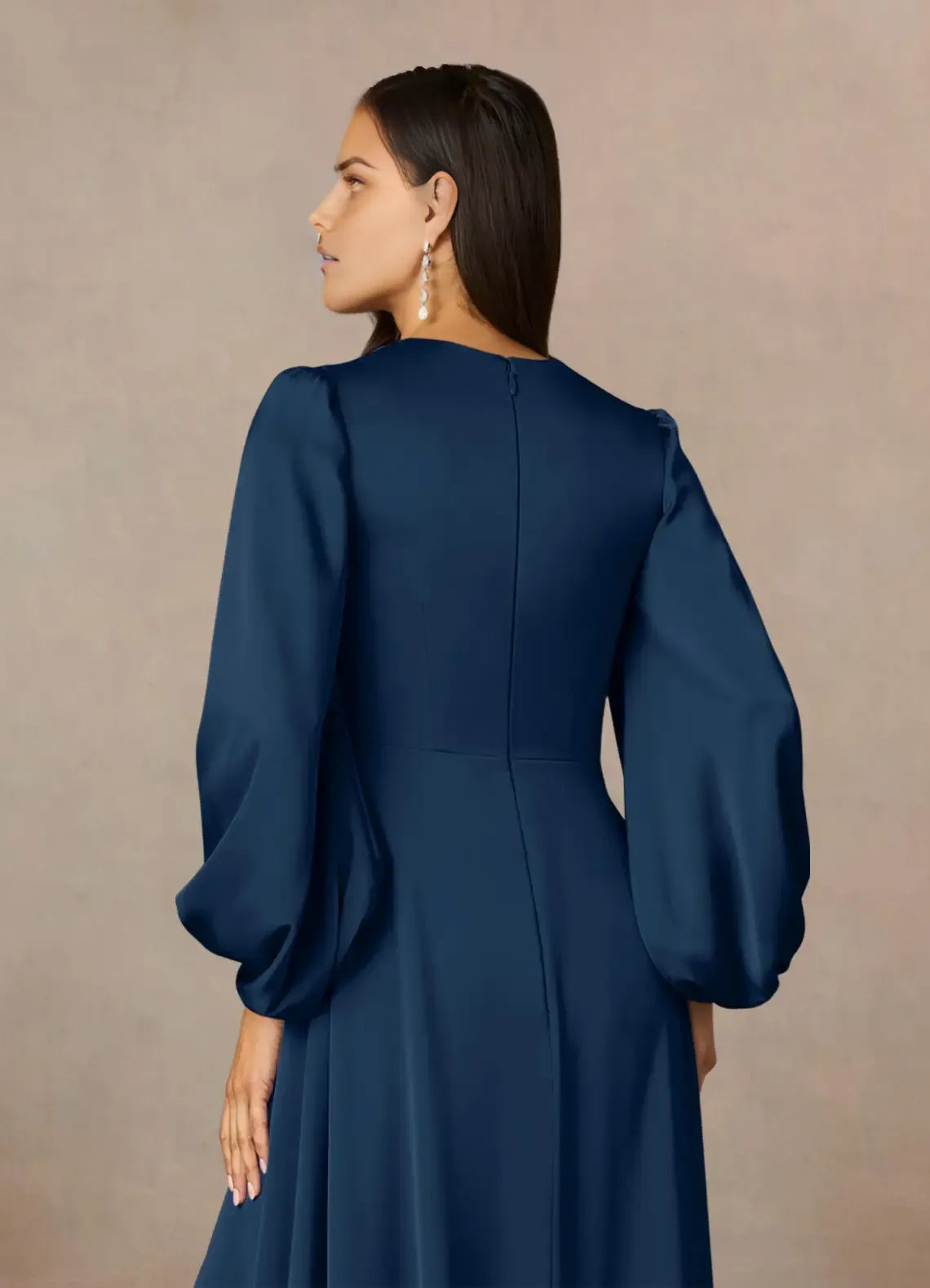 Elegant A-Line V-Neck Long Sleeves Back Zip Floor-Length Side Leg Slit Formal Mother of the Bride Dress